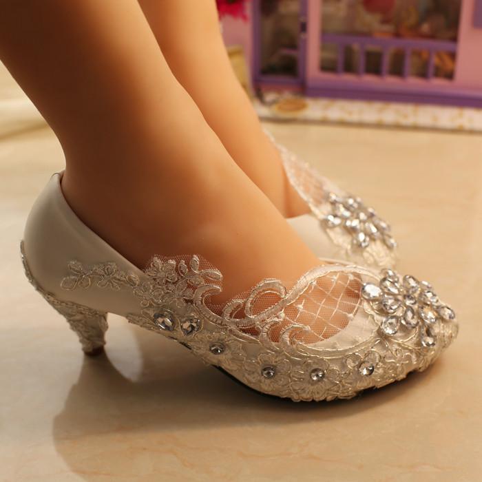 Handmade Middle Heels Pointed Toe Lace Crystal Wedding Bridal Shoes, S007