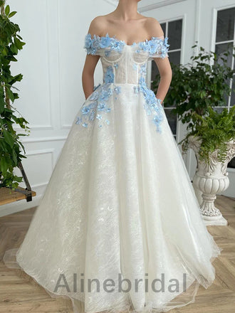 Elegant Off the Shoulder Corset A-line Long Prom Dress with Blue Floral Appliqué , PD3612