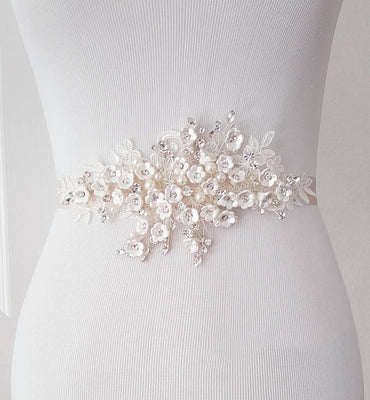 Gorgeous Beading Sash, White Lace Flowers Beading Sash,Elegant Girl Sash,Bridesmaids Wedding Sash, SA0013