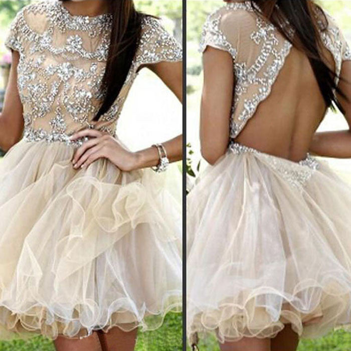 Short Sleeve Sparkly Open Back Sexy Homecoming Prom Gown Dress, BD0047