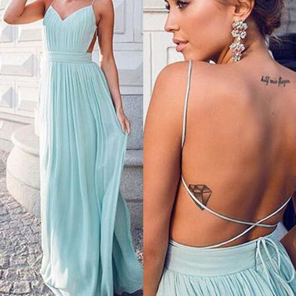 Cheap Simple Chiffon Open Back Cheap Tiffany Blue Prom Dress, Junior Sexy Long Wedding Party Dresses, WG50