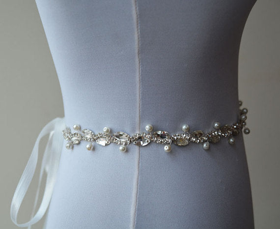 Thin Beading Pearl Bridal Belt, Wedding Sash, Different Pattern Sashes,Silver Gold, SA0016