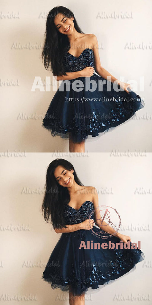 Sweet Navy Tulle Sweetheart Strapless Beading Handmade Flowers Homecoming Dresses,BD00215