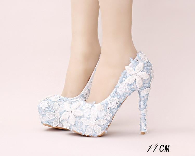 Handmade High Heels Round Toe Blue Lace Crystal Wedding Shoes, S0040