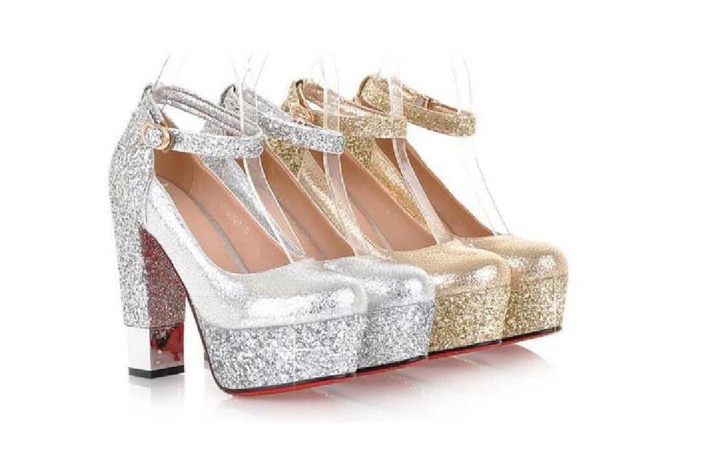 Fashion High Heels Round Pointed Toe Sequin Wedding Bridal Shoes, S035