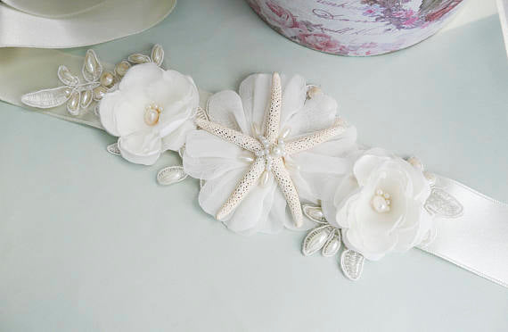 Ocean style Sash, Unique Beach Conch Handmade Flowers Girl Sash,Different color Bridesmaids Sash,Elegant Satin Sash, SA0006