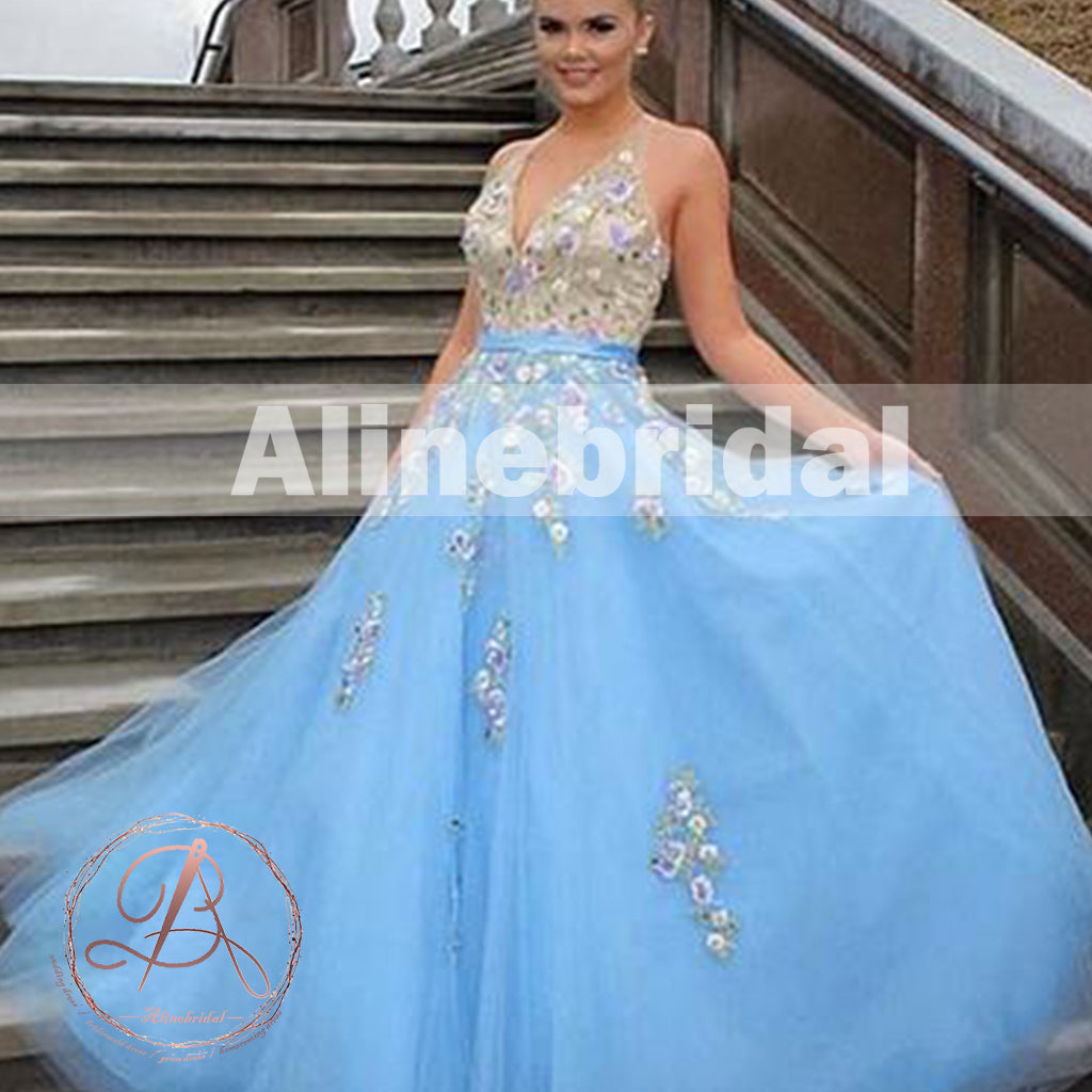 Fashion Tiffany  Blue colorful Handmade Flower Appliques  Prom Dresses,PD00062