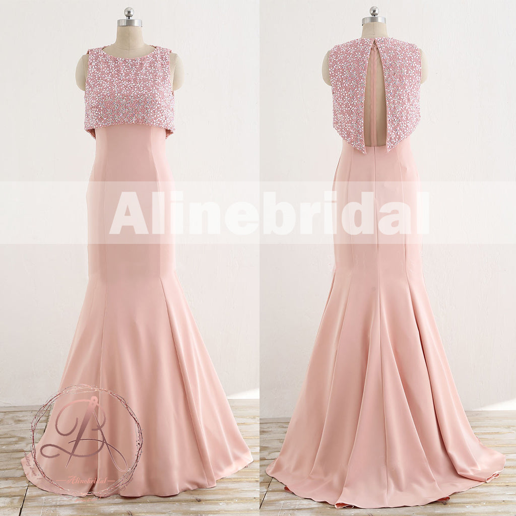 Unique Two Piece Pink Beading Top See Through  Back Mermaid Prom Dresses,PD00065