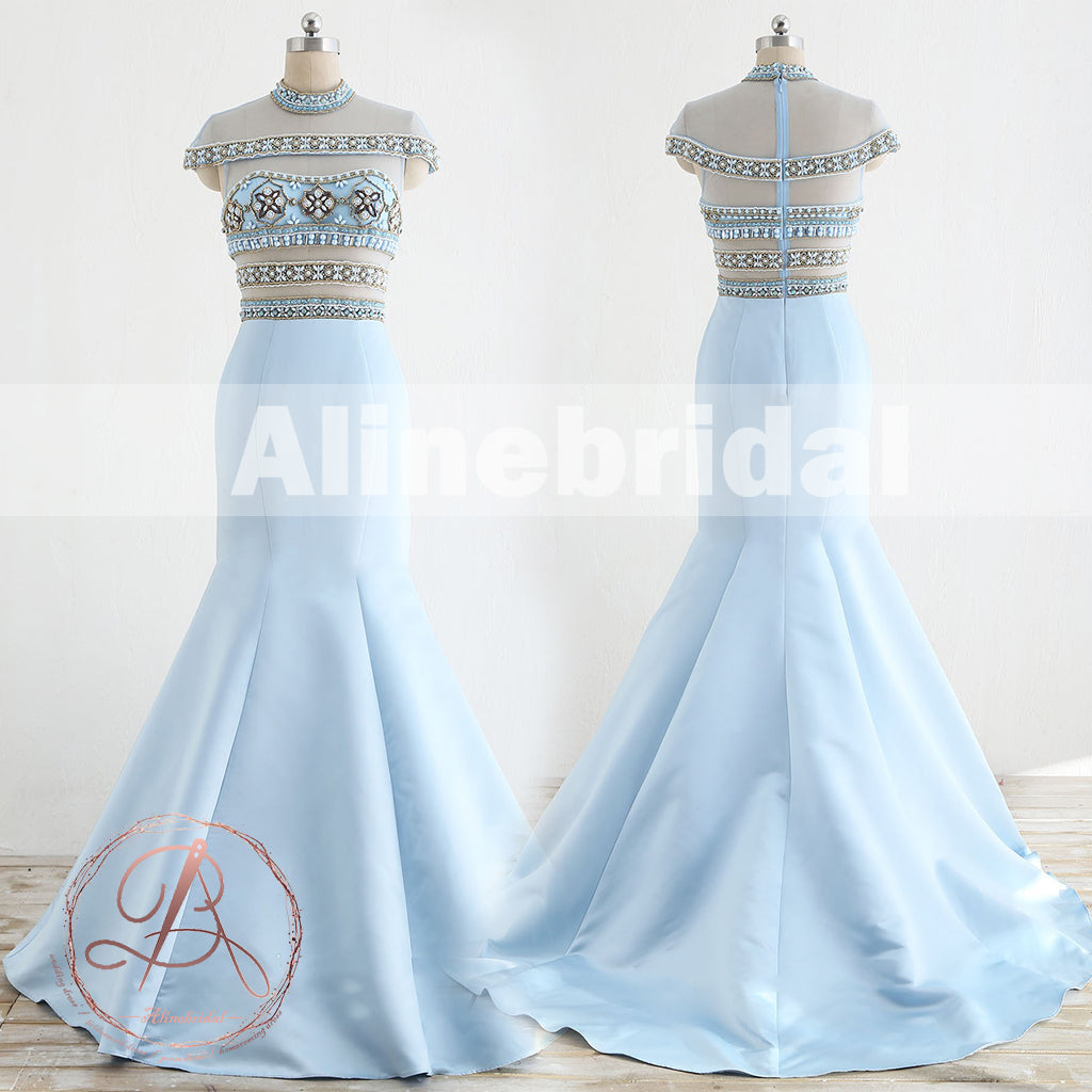 Stunning Pale Blue  Beaded See Through Top Cap Sleeve Mermaid Prom Dresses,PD00066