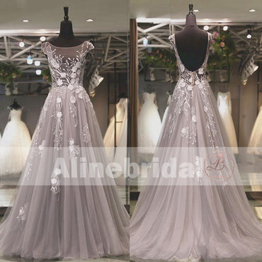 Grey Tulle Cap Sleeve Scoop Neck Appliques See-through  Prom Dresses,PD00069