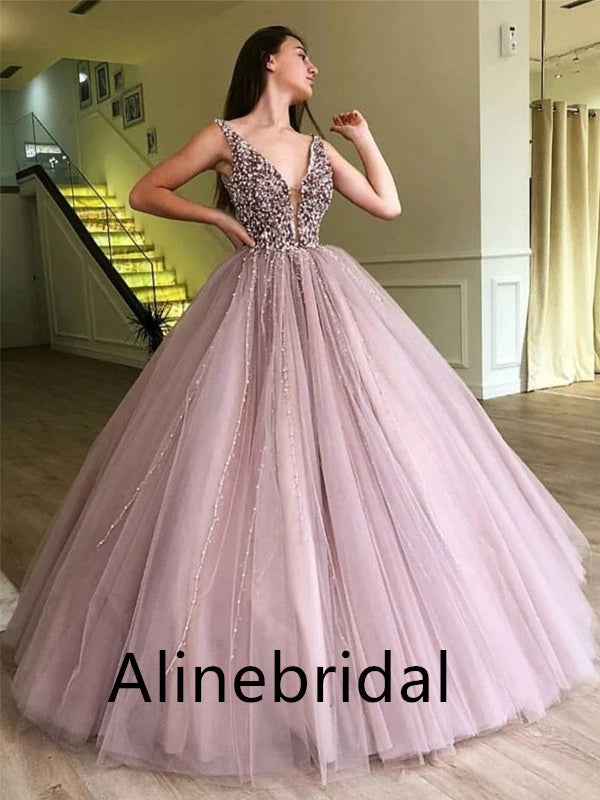 Elegant V-neck Sleeveless A-line  Long Prom Dress, PD3522