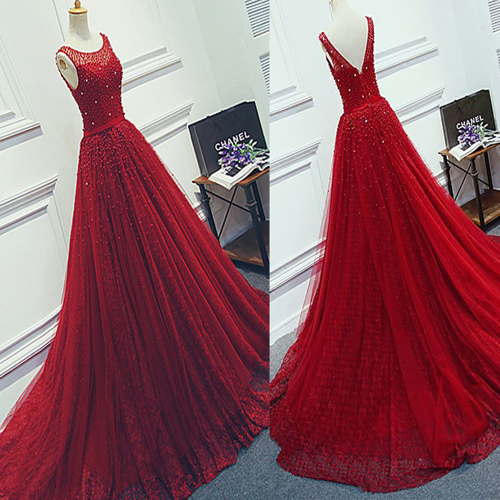 Red Beading Sparkly Unique Ball Gown Round Neck Formal Elegant Long Prom Dresses. BD0241