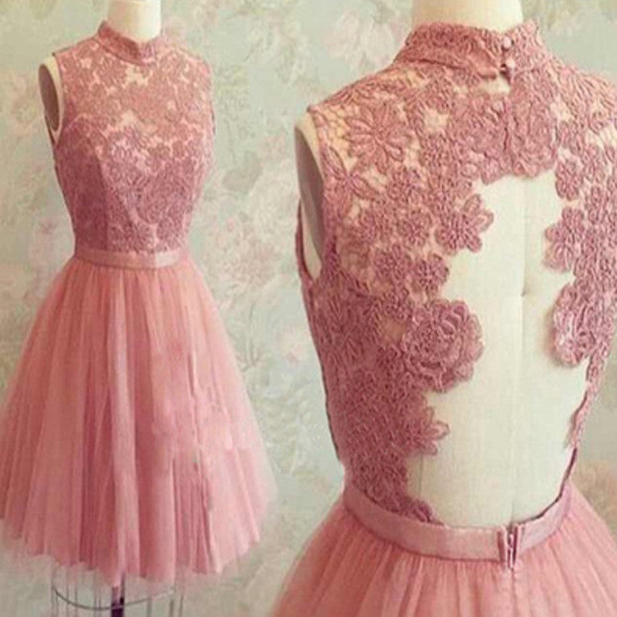 popular dark pink lace high neck unique style charming freshman homecoming prom gown dress,BD0089