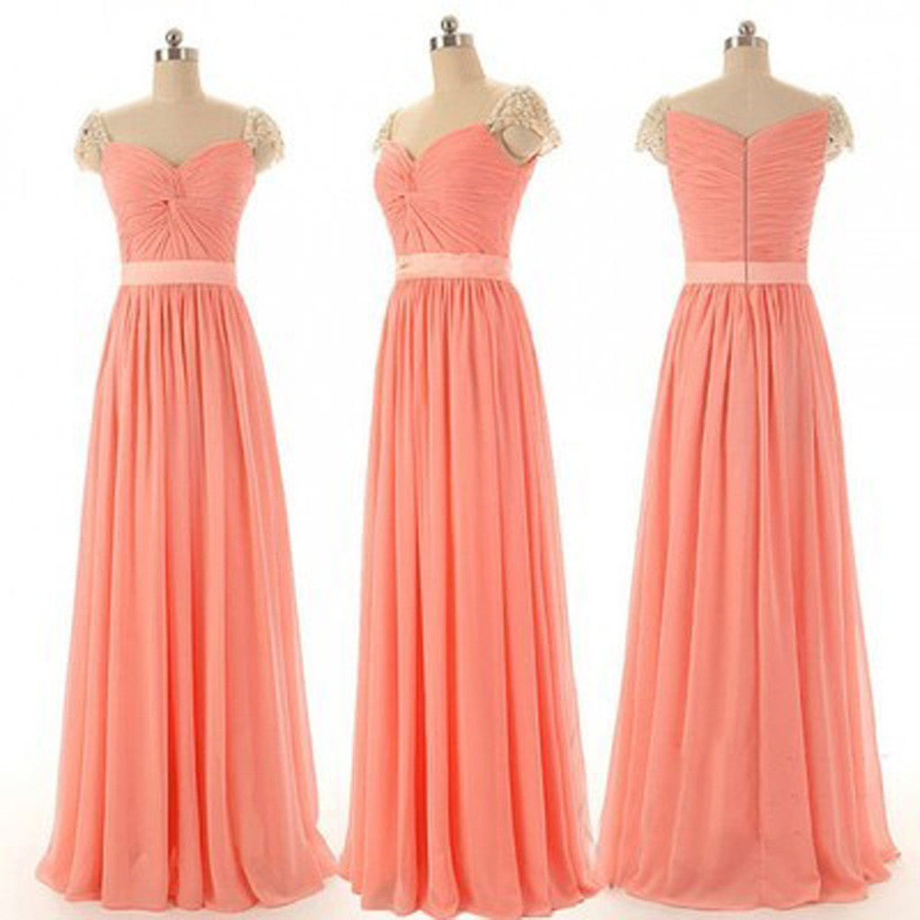 Beautiful Beading Cap Sleeve Sweet Heart Chiffon Inexpensive Long Bridesmaid Dresses, Simple Cheap Prom Dress, WG14