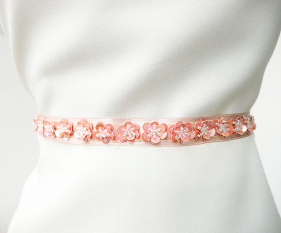 Pretty Pink Sash, Handmade Flowers Girl Sash, Pink Sequins Beading Sash, Bridesmaids Sash, SA0008