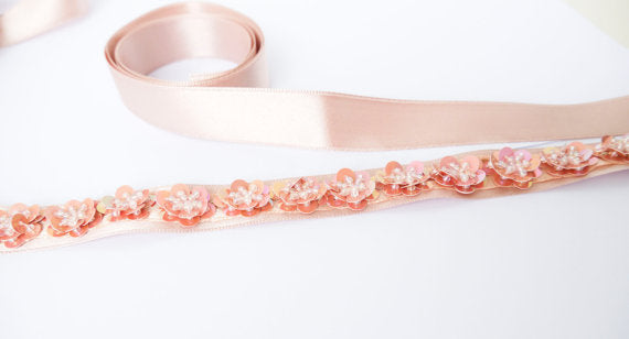 Pretty Pink Sash, Handmade Flowers Girl Sash, Pink Sequins Beading Sash, Bridesmaids Sash, SA0008