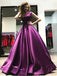 A-Line Bateau Floor-Length Pleated Purple Satin Modest Prom Dresses, PD1246