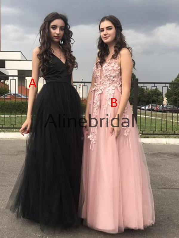 A-Line Black Pink v-Neck Tulle Long Gorgeous Prom Dresses PD1001