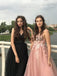 A-Line Black Pink v-Neck Tulle Long Gorgeous Prom Dresses PD1001