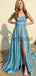 A-line Spahetti Staps Blue Green Stunning Sequin Cheap Prom Dresses PD1018