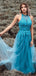 A Line Halter Neck Tulle Appliqued Floor Length Backless Prom Dress PD1037