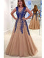 A Line V Neck Modest Elegant Hot Champagne Tulle Prom Dresses ,PD1208