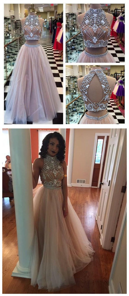 Long Custom Two Pieces High Neck Pretty Open Back Fashion Prom Dresses Online,PD0115