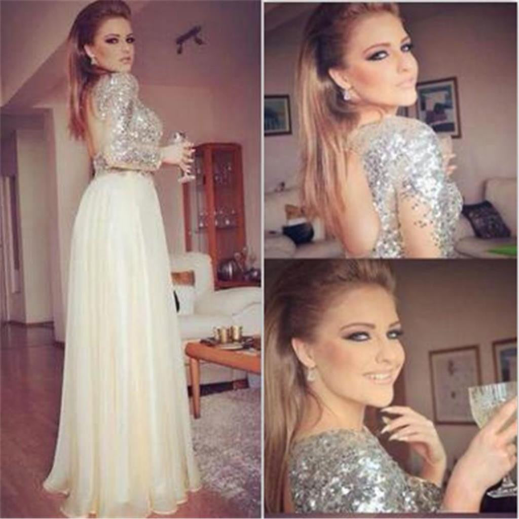 Long Sleeves Sequined Open Back Cocktail Glitter Unique Style Evening Prom Dress,PD0172