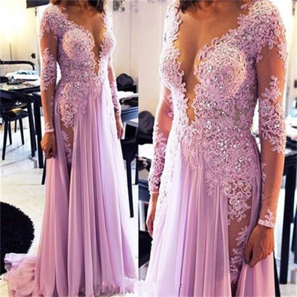 Long Sleeve Lilac Lace Sexy V-neck Evening Party Prom Dresses Online,PD0199