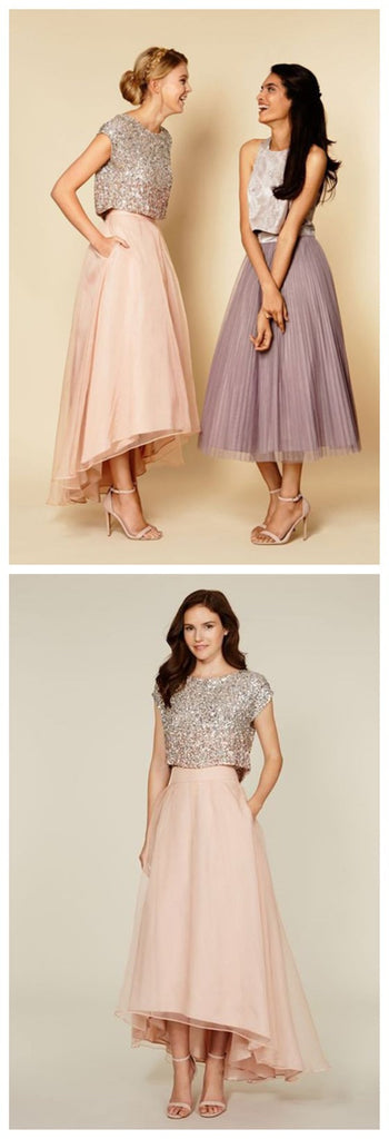 Mismatched Two Pieces Short Sleeve Sequins Tea Length Vintage High Low Unique Style Prom Dress, PD0022