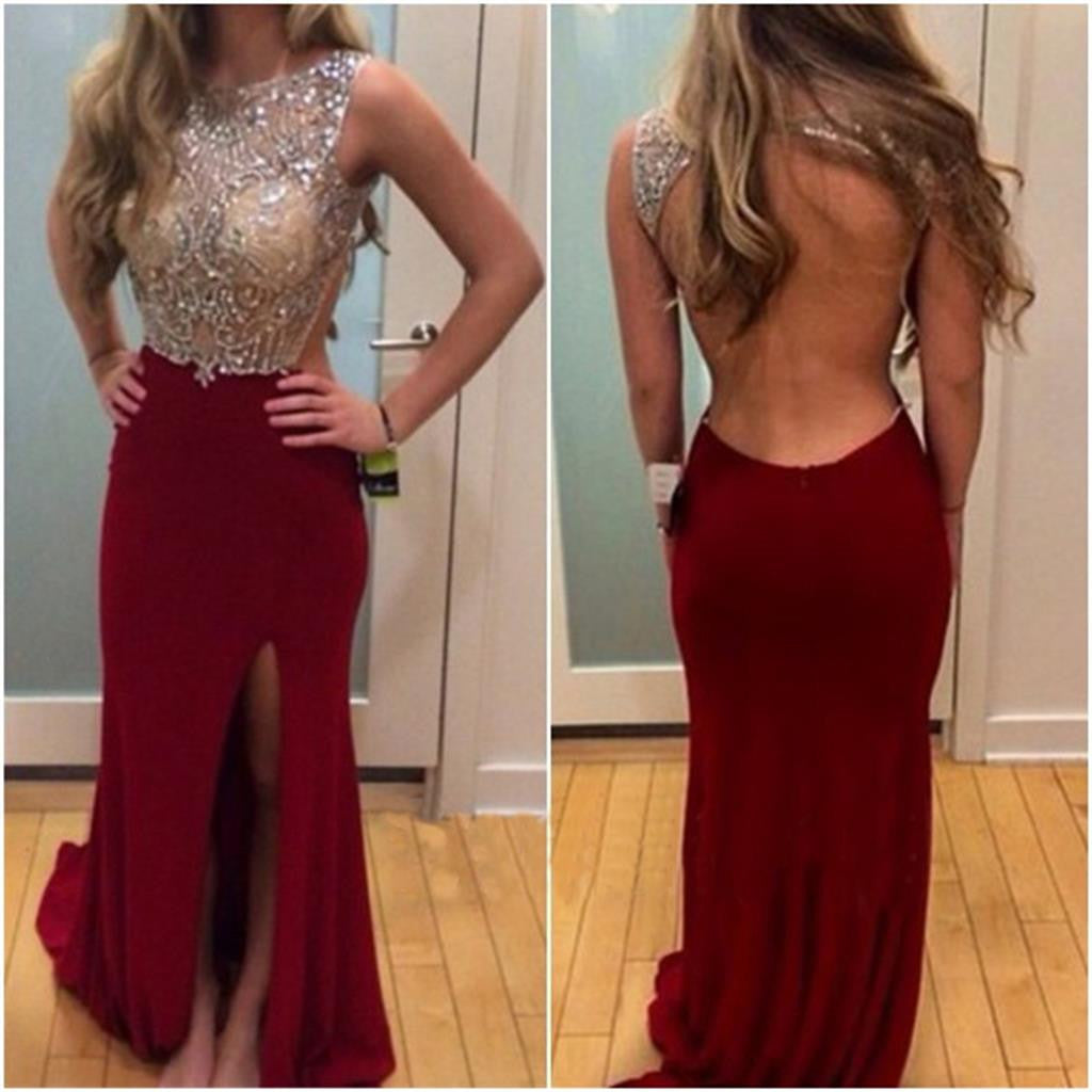 Long Burgundy Backless Side Slit Evening Party Prom Dress,PD0027