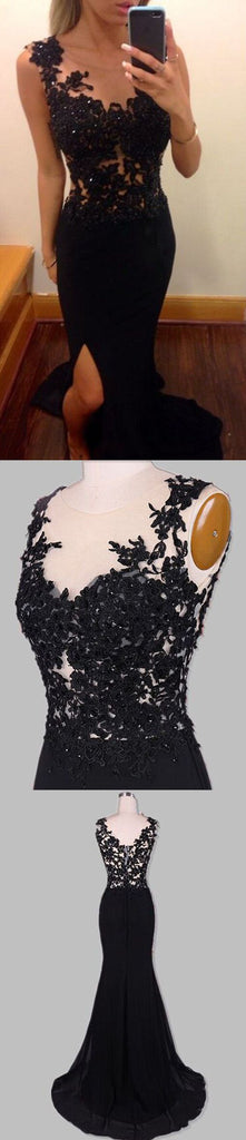 Long Black Lace Slip Side Sexy Open Back Casual Affordable Prom Dress,PD0031