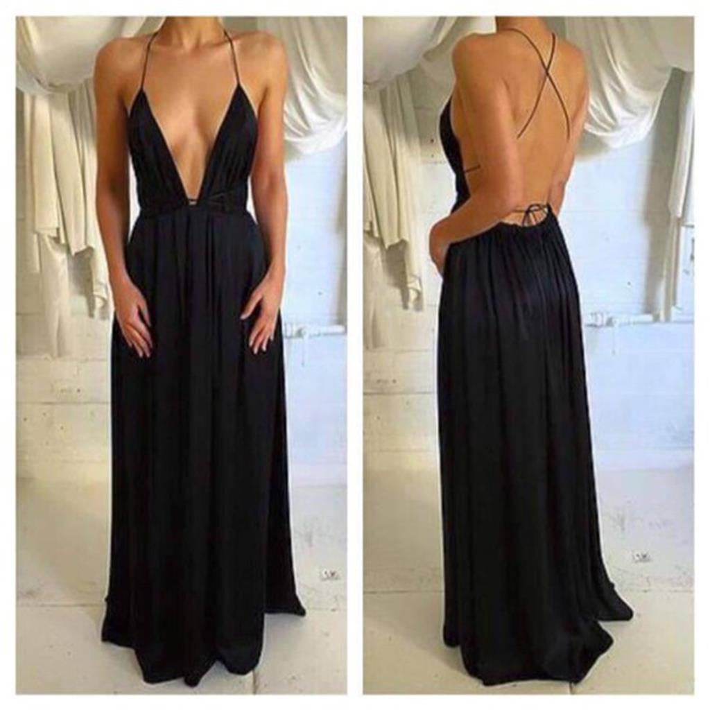 Long Black Spaghetti Straps Simple Deep V-neck Open Back Sexy Party Prom Dress,PD0060