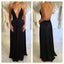 Long Black Spaghetti Straps Simple Deep V-neck Open Back Sexy Party Prom Dress,PD0060