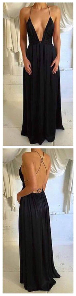 Long Black Spaghetti Straps Simple Deep V-neck Open Back Sexy Party Prom Dress,PD0060