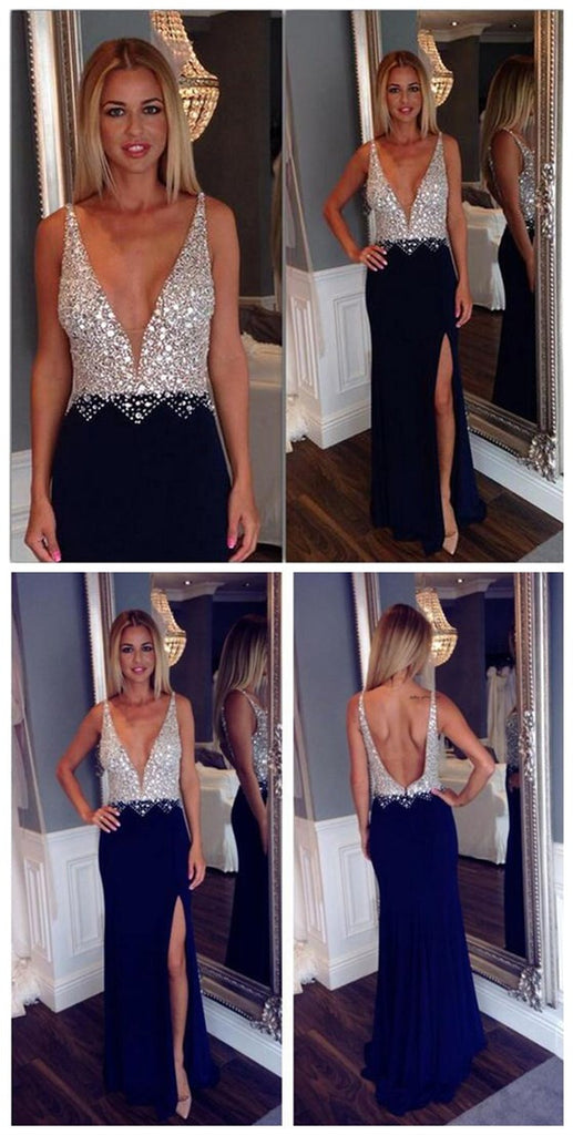 Long Custom Deep V-neck Open Back Side Slit Fashion Newest Sexy Charming Prom Dress,PD0088