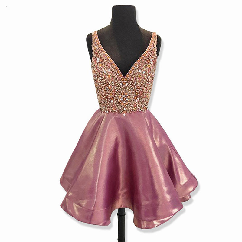 Dusty Rose Stunning Rhinestone Sparkly Beaded Top Homecoming Dresses, BD00221