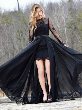 Black Lace Long Sleeve Beaded Sheath Tight Prom Dresses,PD00083