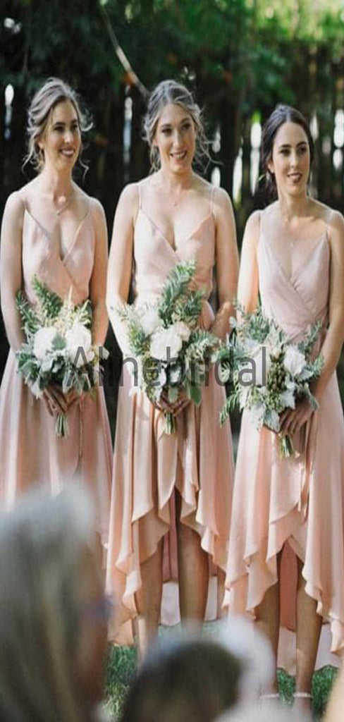 Blush Pink Spaghetti Strap High Low Ruffles A-line Bridesmaid Dresses, AB4136