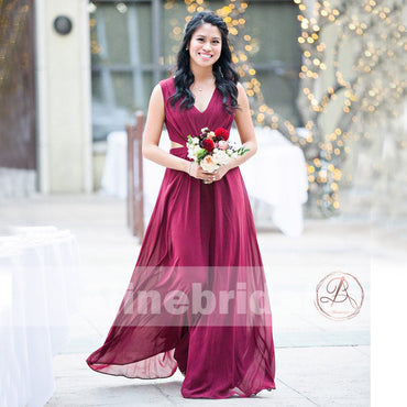 Burgundy Chiffon V-neck A-line Bridesmaid Dresses , AB1228