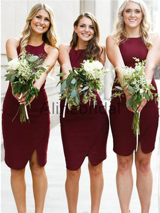 Burgundy Jersey Sheath Sleeveless Short Bridesmaid Dresses, AB4040