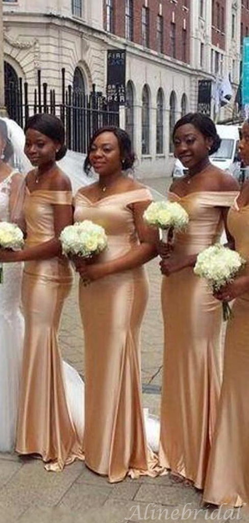 Champagne Gold Off-shoulder Sweetheart Mermaid Long Bridesmaid Dress, BD3079