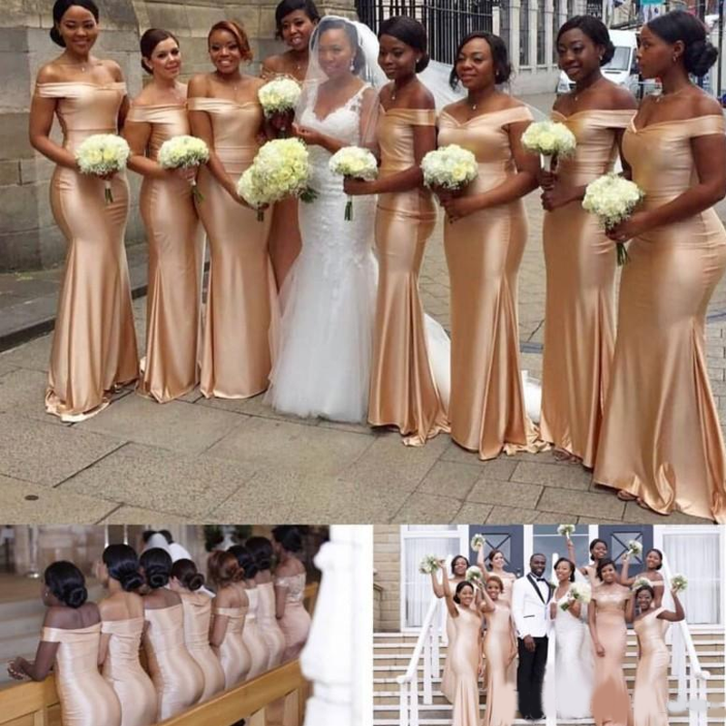 Champagne Gold Off-shoulder Sweetheart Mermaid Long Bridesmaid Dress, BD3079