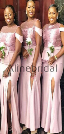 Charming Pink Mermaid Beading Long Bridesmaid Dresses, AB4239