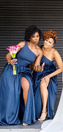 Dark Blue One Shoulder Silt Simple Bridesmaid Dresses, AB4039