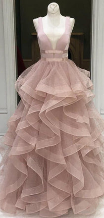Dusty Pink Ruffles Ball Gown Sleeveless Prom Dresses ,PD00302
