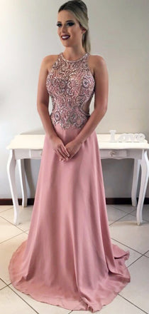 Dusty Rose Beading Rhinestone Open Back Prom Dresses,PD00211