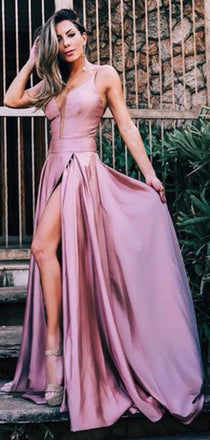 Dusty Rose Spaghetti Strap Slit A-line Simple Cheap Prom Dresses.PD00254