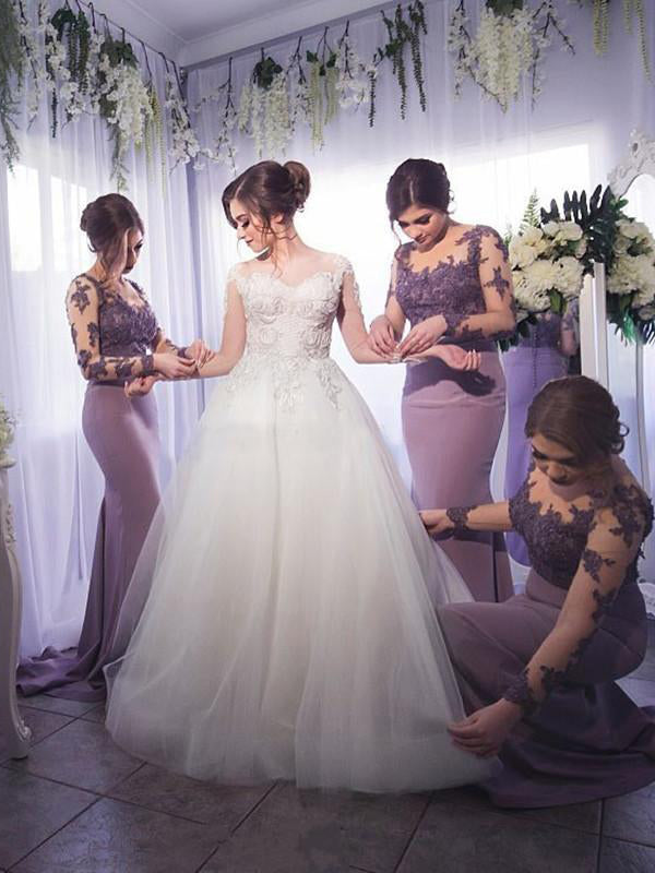 Elegant Lilac Lace  Long Sleeve Illusion Back Scoop Neck  Mermaid Bridesmaid Dresses. AB1193