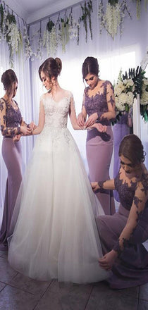 Elegant Lilac Lace Long Sleeves Mermaid Bridesmaid Dresses, AB1193